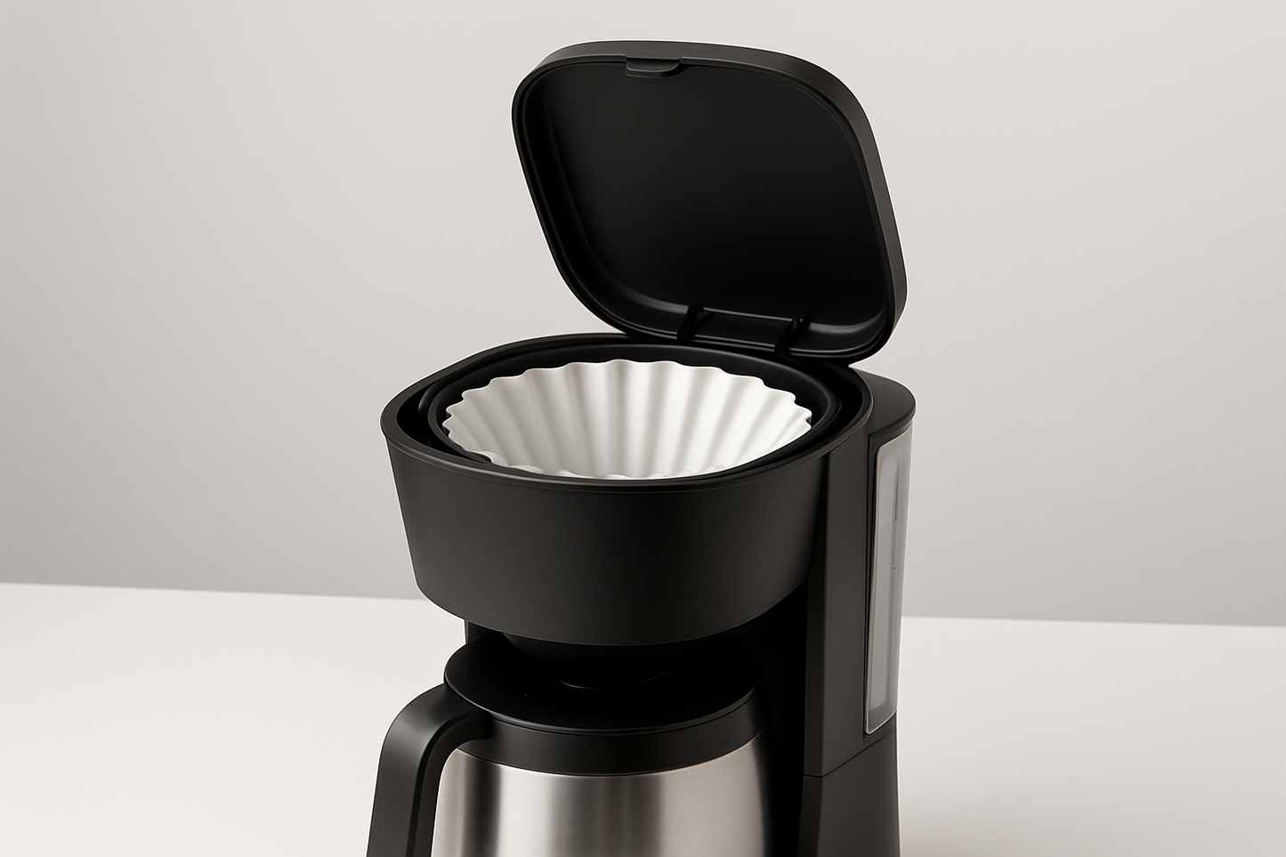 Coffee maker with open filter compartment showing white paper filter