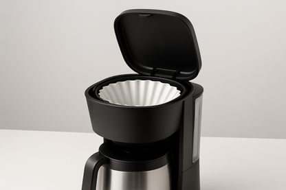 Coffee maker with open filter compartment showing white paper filter