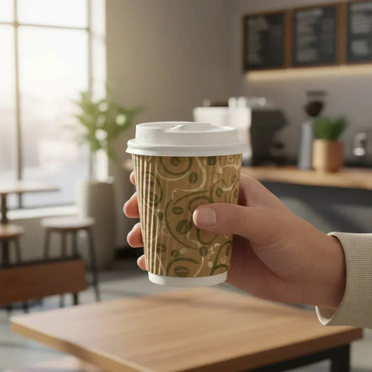 Hand holding a patterned disposable coffee cup with white lid in a modern coffee shop interior