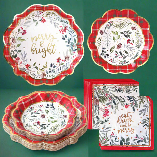 Christmas Holiday Tableware Set - Merry & Bright Plaid Paper Plates & Napkins