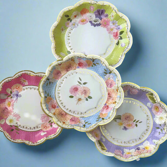 Vintage Floral Dessert Plates Set - Scalloped Edge Tea Plates with Gold Trim