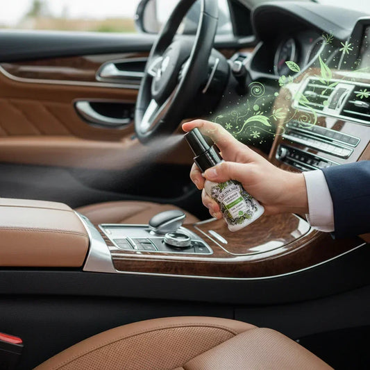 Applying Car Fresh Cruise Air Fabric spray on premium leather car seats. High-quality car interior deodorizer and fabric refresher for luxury vehicles.