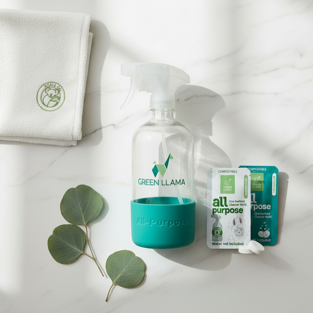 Eco-friendly cleaning kit with a Green Llama refillable glass spray bottle, cleaning tablets, and a white Koala Eco bamboo microfiber cloth on a marble surface.