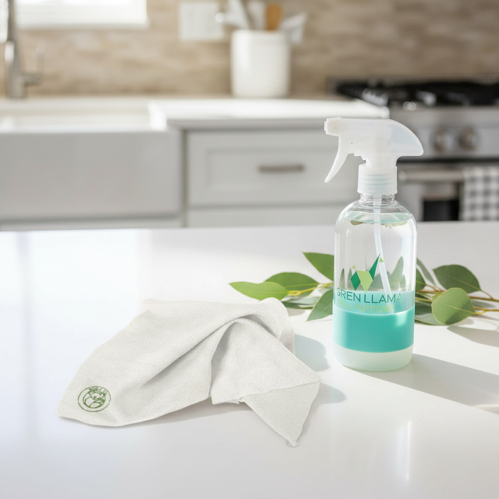 Non-toxic zero waste cleaning bundle with plant-based refill tablets, glass spray bottle, and washable bamboo cloth.