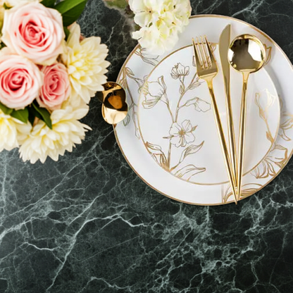 White Plastic Lunch Plates 30 Ct - Gold Floral Disposable Dinnerware Set