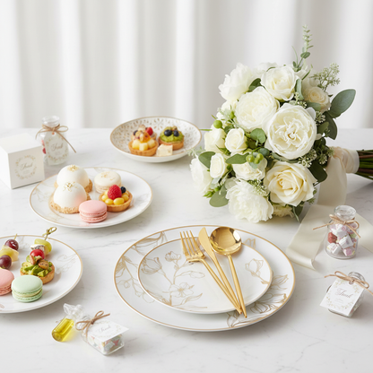 White Plastic Lunch Plates 30 Ct - Gold Floral Disposable Dinnerware Set