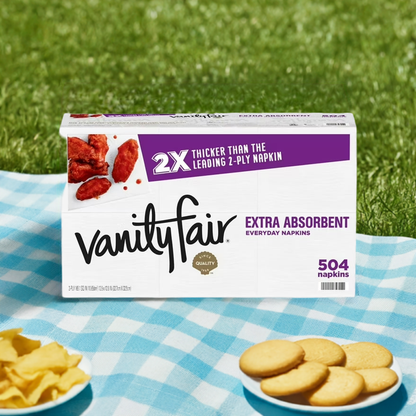 Vanity Fair OneUse Classic Extra Absorbent Everyday Napkins 504 count pack on picnic blanket with chips and cookies