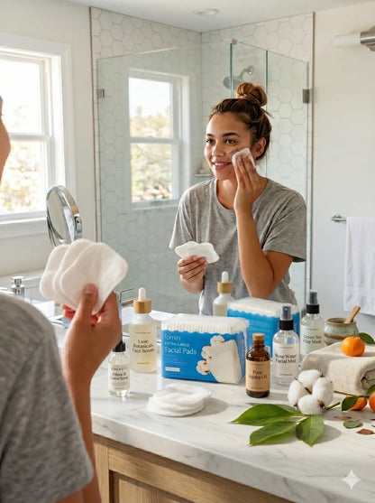 Young woman using Fomin Extra Large Facial Cotton Pad for skincare in a modern bathroom. Large rectangular cotton pad and premium beauty bottles on marble.