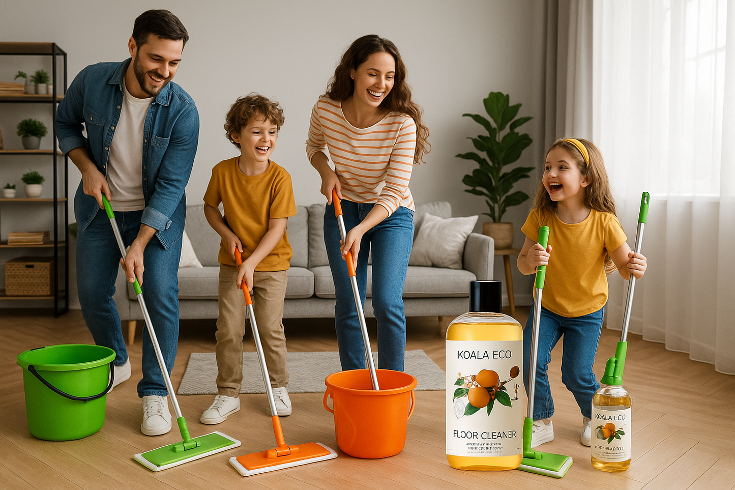 Family with bright green and orange cleaning buckets