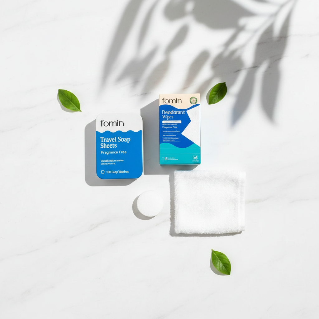 Top-down flat lay of fragrance-free travel kit — soap sheets tin, deodorant wipes box and compressed towel on marble surface