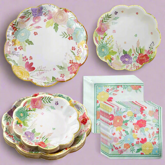Floral Garden Party Plates and Napkins Set - Disposable Tableware for Spring Events