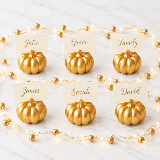 Six gold pumpkin place card holders with warm LED gold berry string lights on a pale marble background