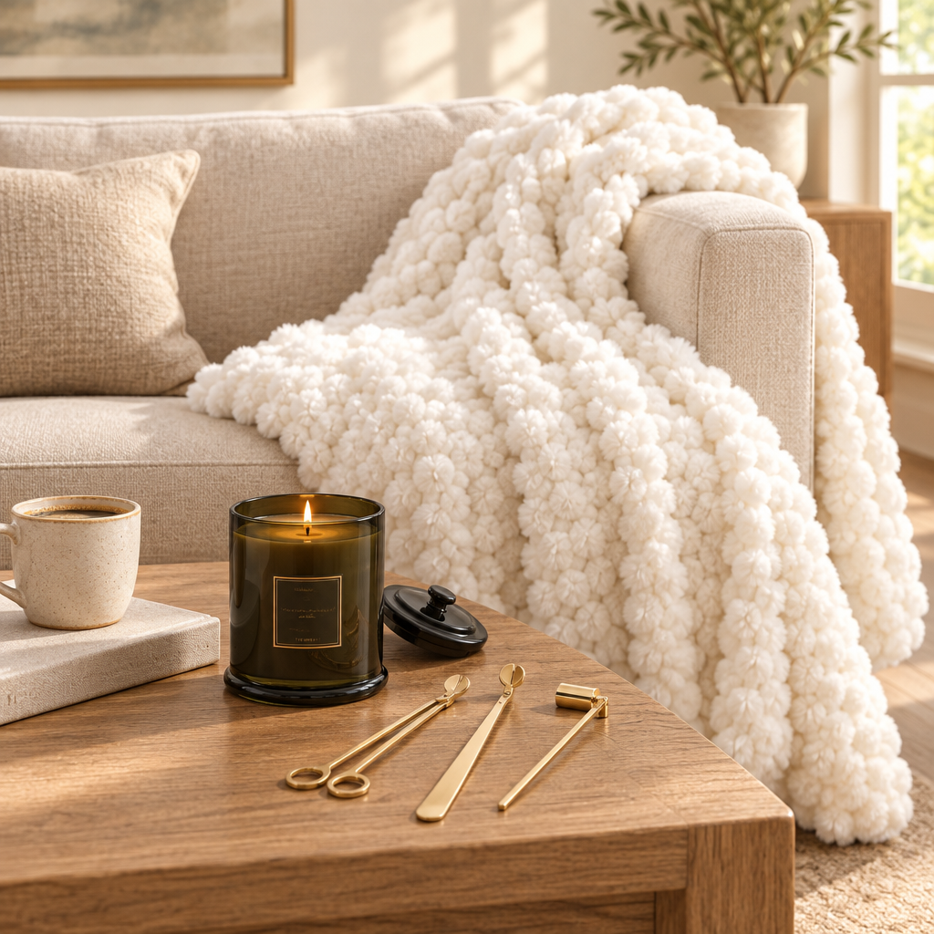 Cozy living room with faux fur throw, candle, and gold candle care tools