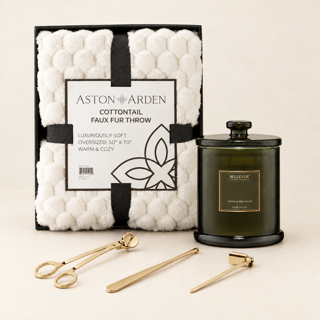 The Fireside Glow luxury cozy home gift set with faux fur throw, candle, and gold wick trimmer