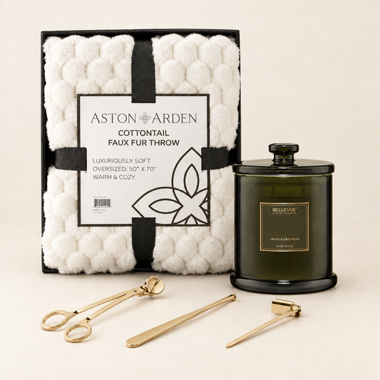 The Fireside Glow luxury cozy home gift set with faux fur throw, candle, and gold wick trimmer
