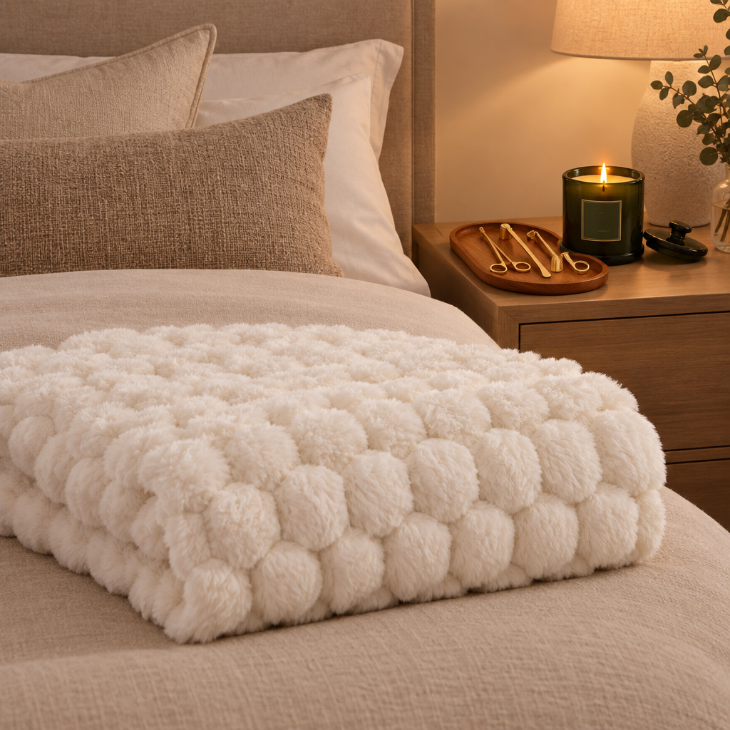 Macro close-up shot focusing entirely on the luxurious, incredibly soft plush fibers of the Aston & Arden white faux fur throw blanket, highlighting its depth and tactile texture