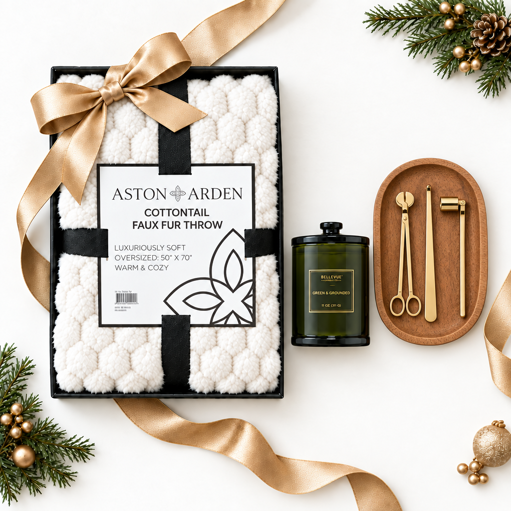 Artisan soy blend candle and gold candle care tools on natural wood tray