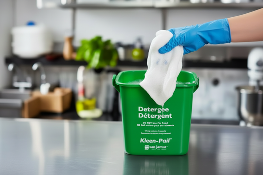 Green 3-quart plastic pail with metal handle, color-coded for detergents and cleaning solutions in commercial kitchens