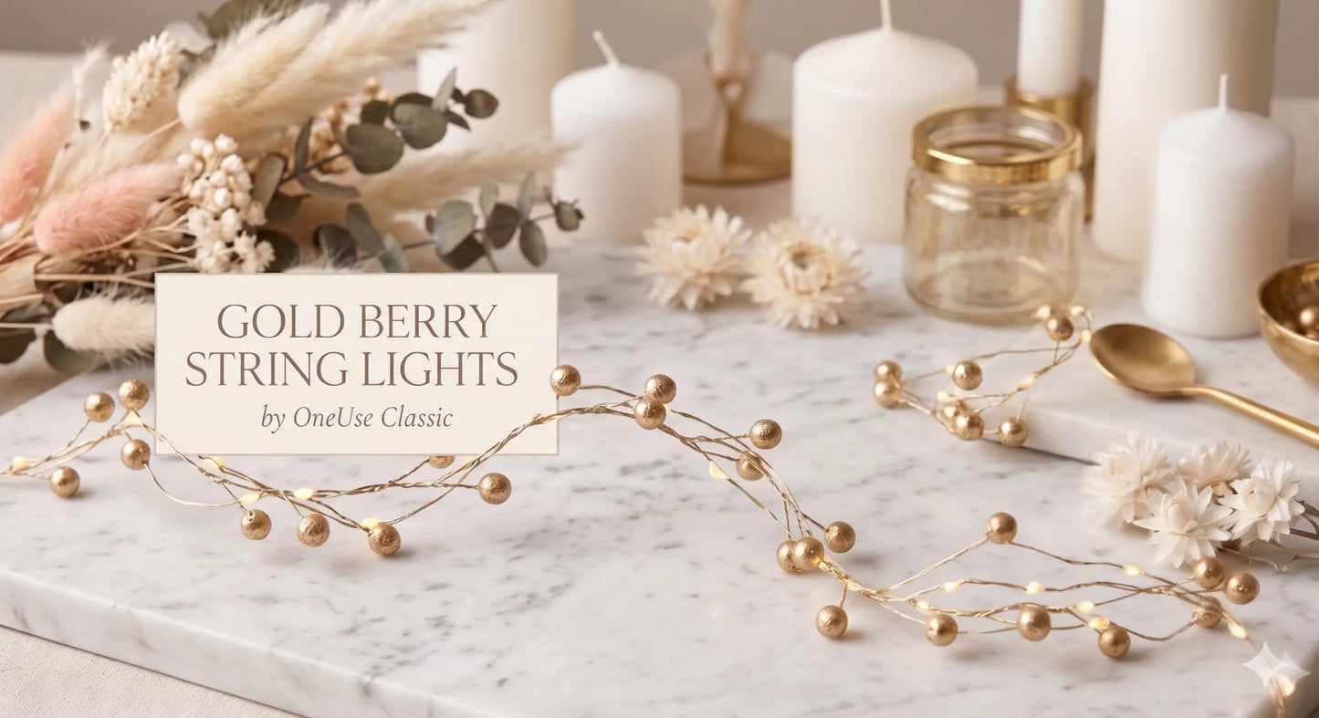 Gold Berry String Lights by OneUse Classic - decorative warm LED fairy lights on a thin gold wire, styled on a marble surface with white candles and dried flowers. Elegant indoor ambient lighting for home decor.