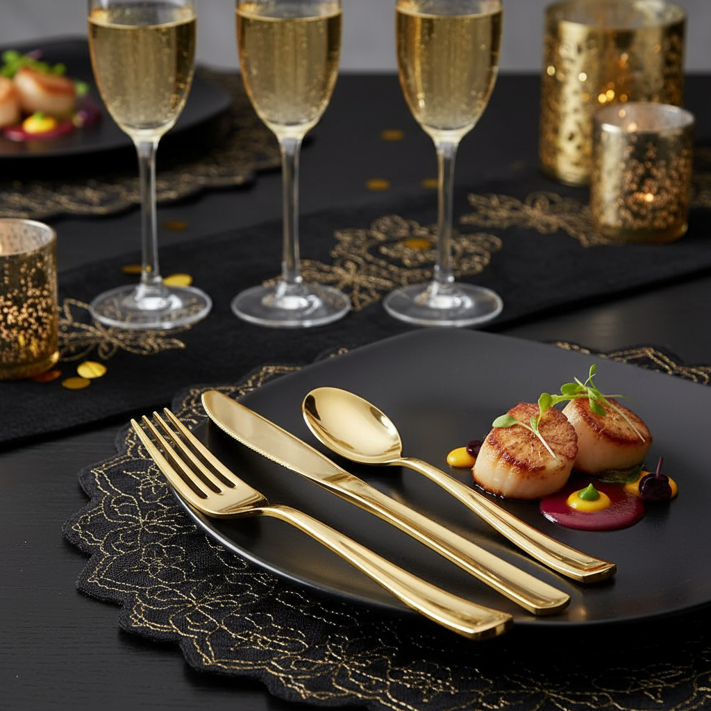 Gold cutlery on modern black plate