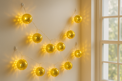 Gold disco ball lights in daylight with adhesive hooks