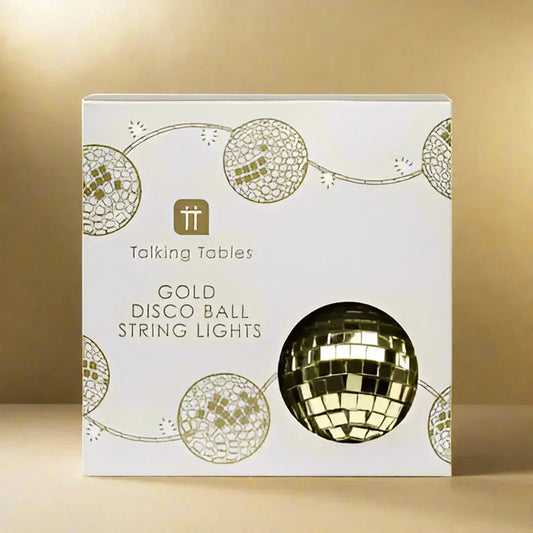 Gold disco ball string lights, 5 ft 2 in, in packaging with a gold disco ball visible