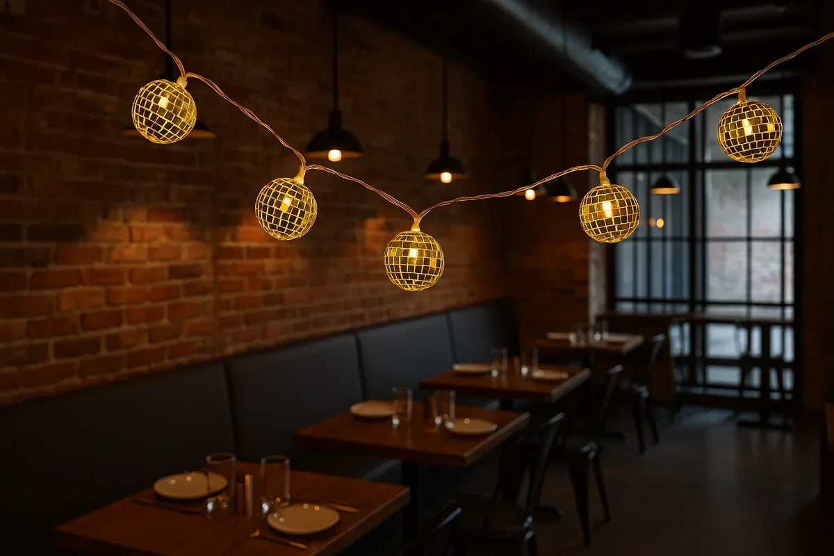 Gold disco ball string lights hanging in a cafe