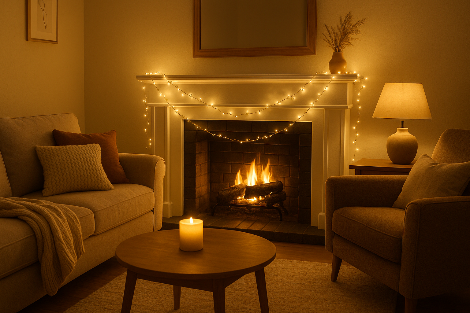 Gold lights around fireplace mantel