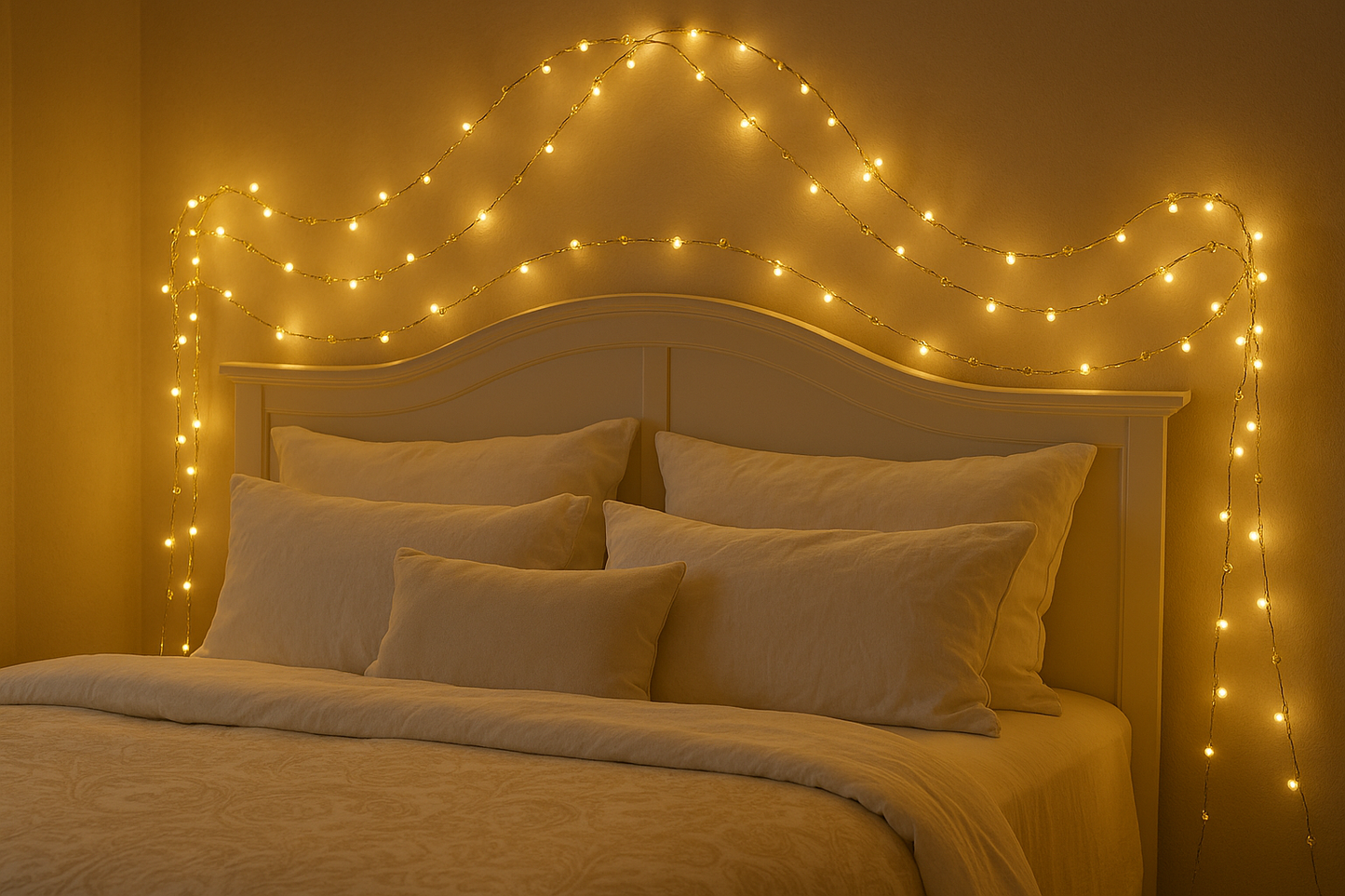 Gold lights creating bed canopy