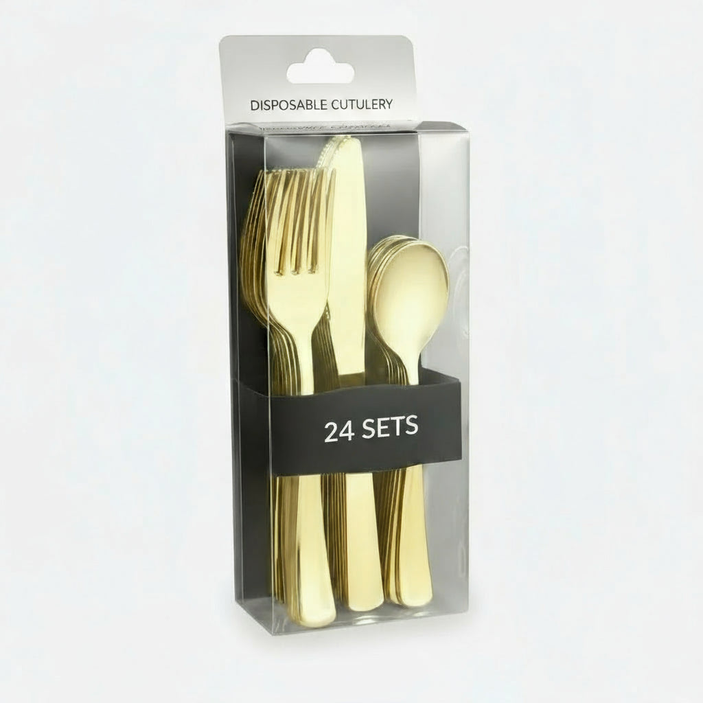 Polished Gold Cutlery Set - Elegant Disposable Flatware for Parties & Events