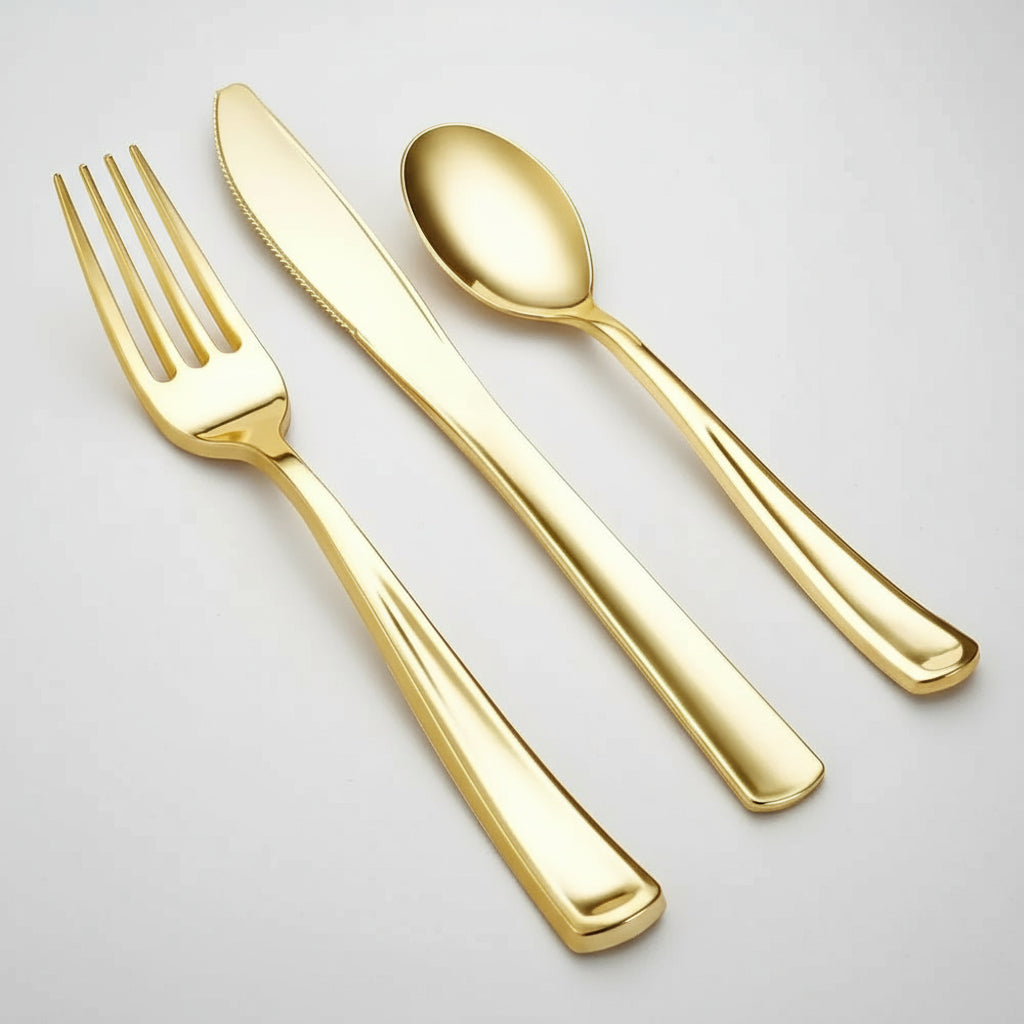 Polished Gold Cutlery Set - Elegant Disposable Flatware for Parties & Events