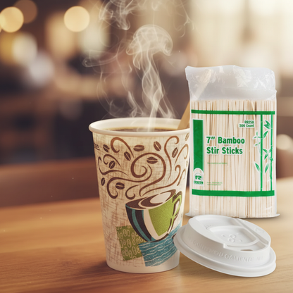 All-in-one hot coffee station bundle on a breakroom counter. Featuring a patterned 12oz Dixie PerfecTouch insulated paper cup, a secure white spill-proof lid, and a large 500-count pack of natural bamboo 7" stir sticks.
