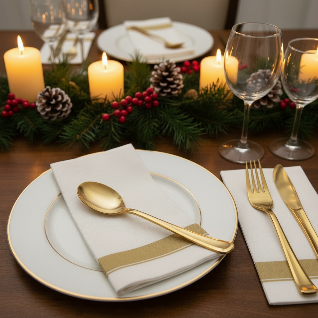 Holiday table with gold-rimmed plates