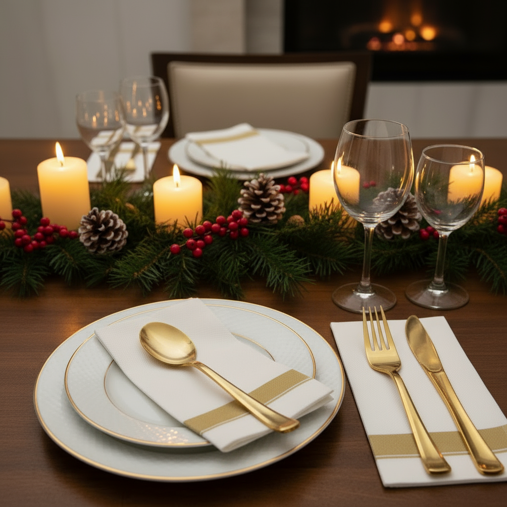 Holiday table with white plates