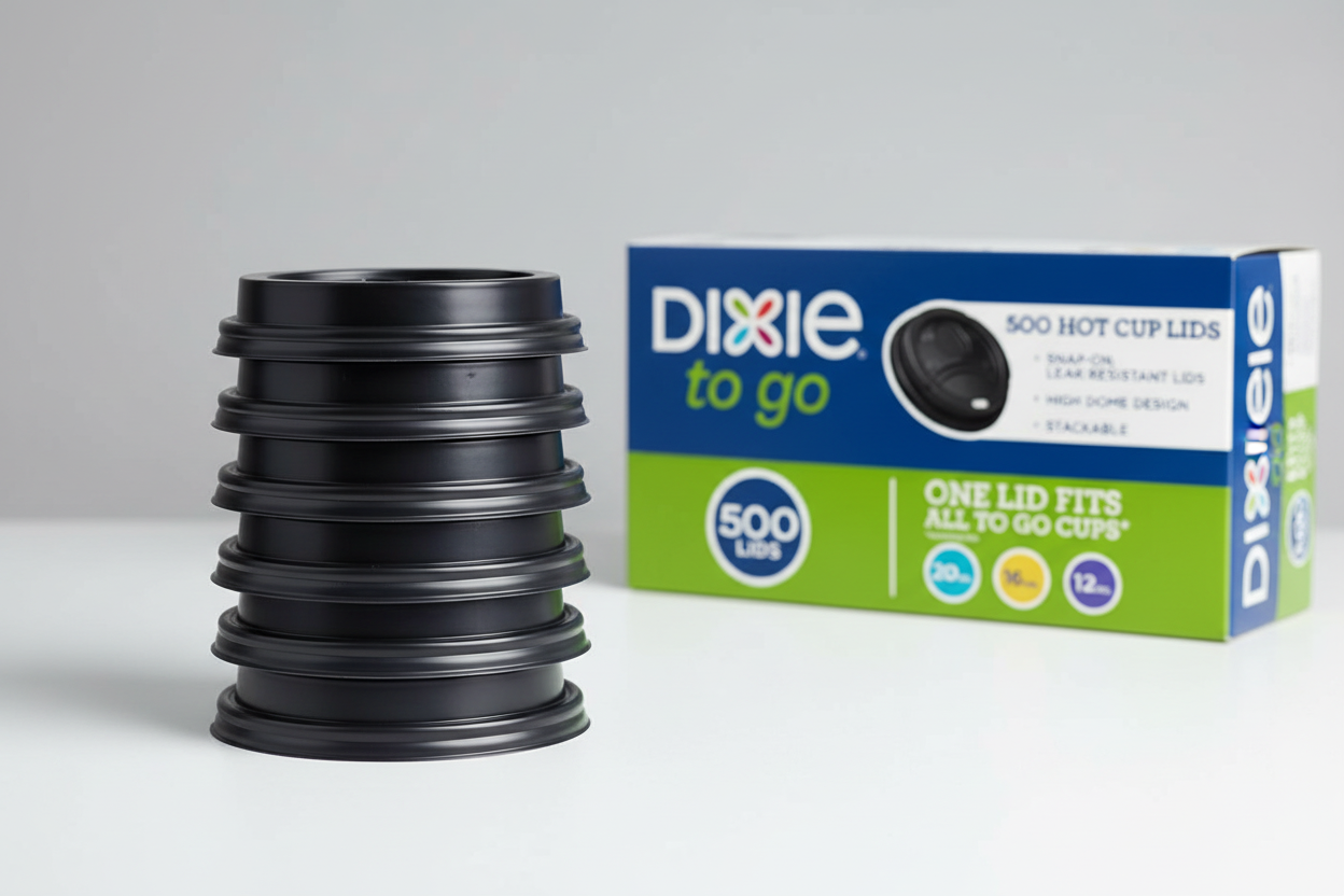 Stacked black Dixie Sip Dome coffee lids with original bulk box in the background. Premium leak-resistant lids by Oneuseclassic.