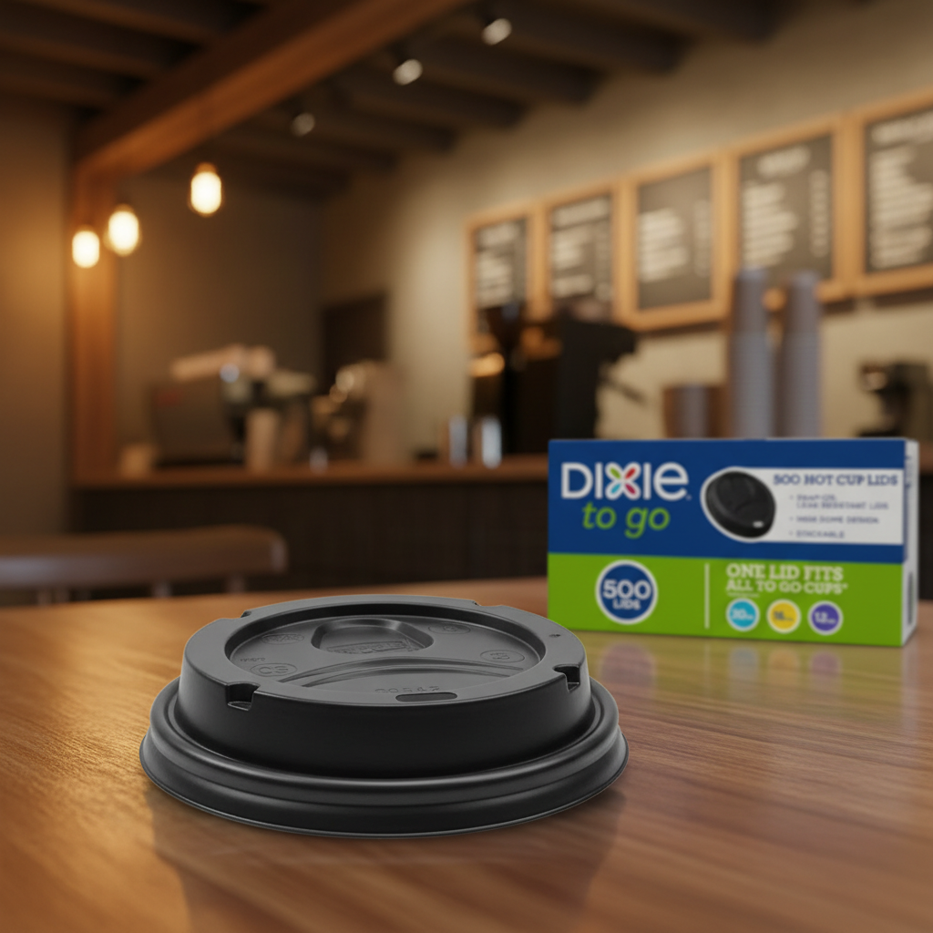 Black Dixie Sip Dome lids for hot coffee cups in original packaging on a cafe bar counter. Premium leak-resistant lids by Oneuseclassic.