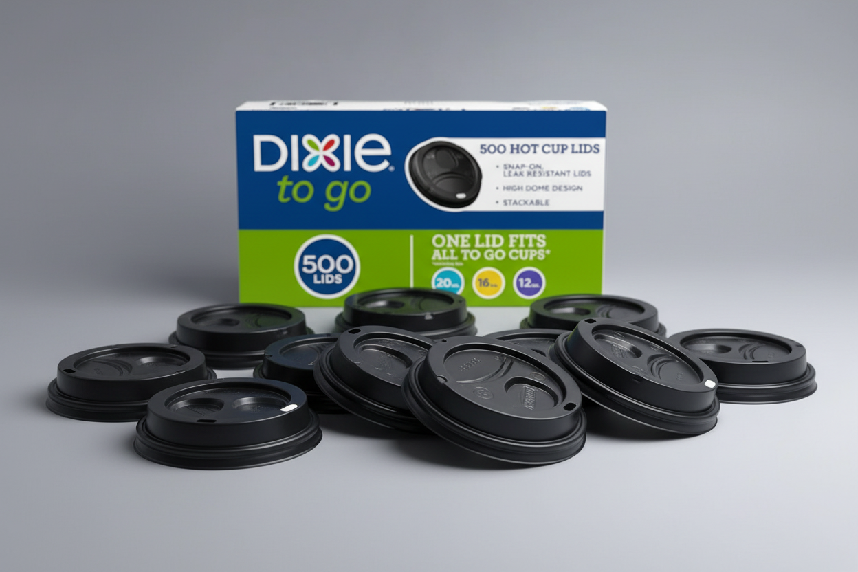 Loose black Dixie Sip Dome coffee lids with original bulk packaging in the background. Durable leak-resistant lids by Oneuseclassic.