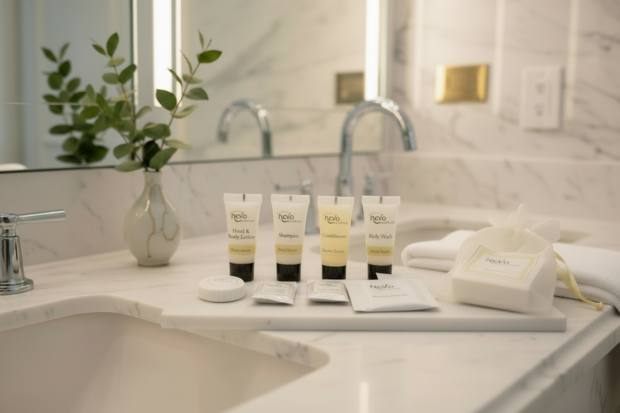 Essentials Care hotel toiletries collection by Oneuseclassic. Four white and gold tubes with soap bar arranged on a marble tray in a bright, minimalist hotel bathroom. Premium amenities for upscale guest experiences.