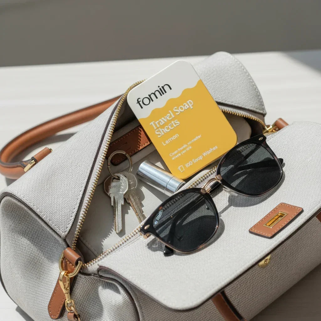 Beige handbag with brown handles containing sunglasses, keys, travel soap sheets, and lipstick on a white surface