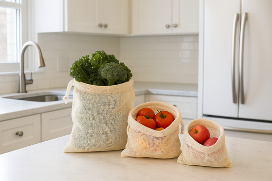 Kitchen scene with three sizes of mesh produce bags