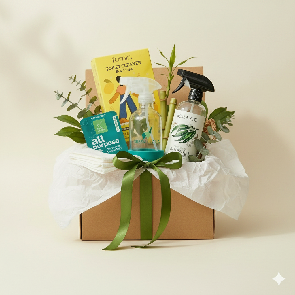 Complete zero-waste bathroom cleaning kit in a shipping box with Koala Eco bathroom cleaner, bamboo cloths, and Green Llama refillable bottles.