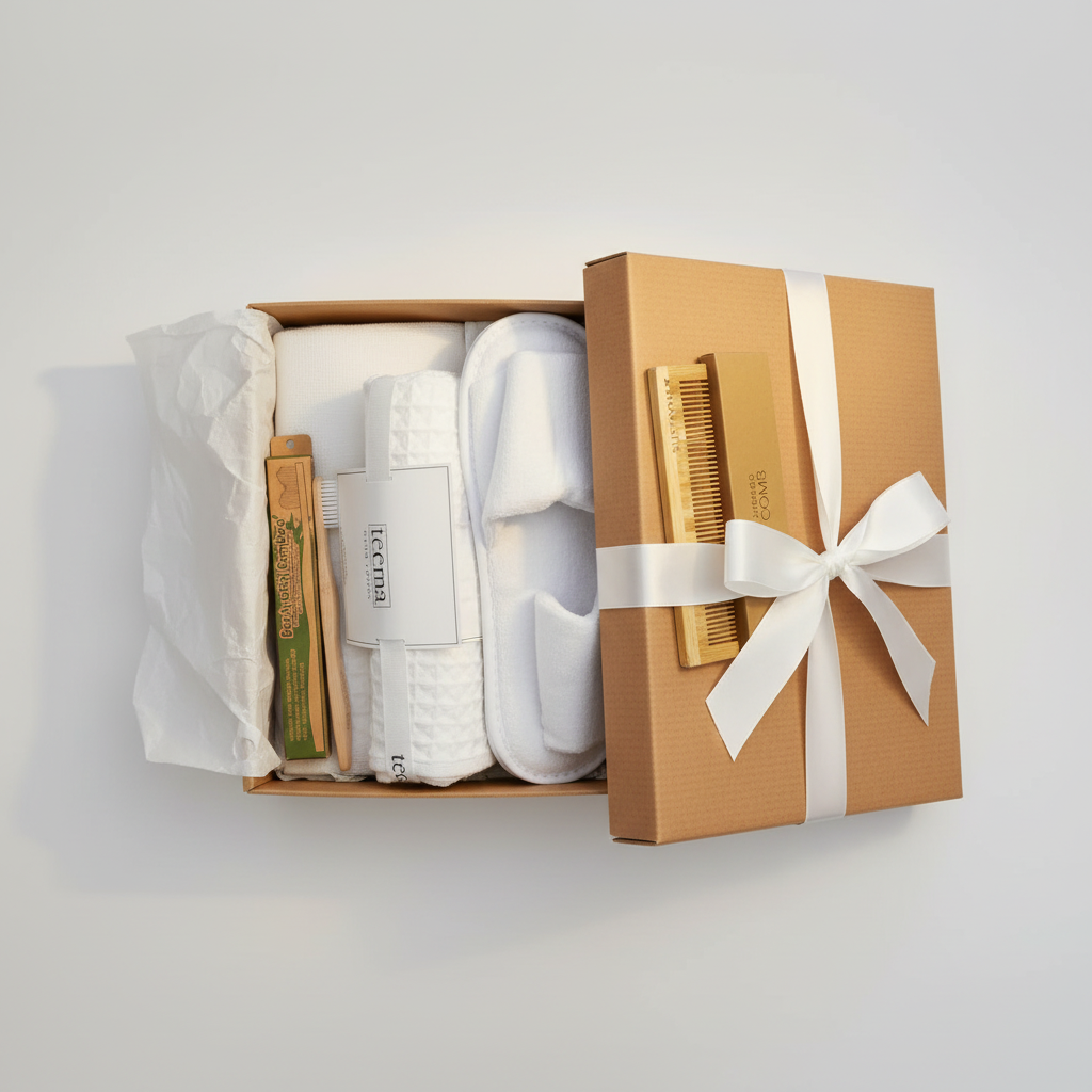 Waffle Bath Towel & Luxury Spa Bundle with Slippers and Bamboo Essentials in craft gift box