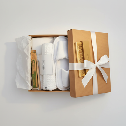 Waffle Bath Towel & Luxury Spa Bundle with Slippers and Bamboo Essentials in craft gift box