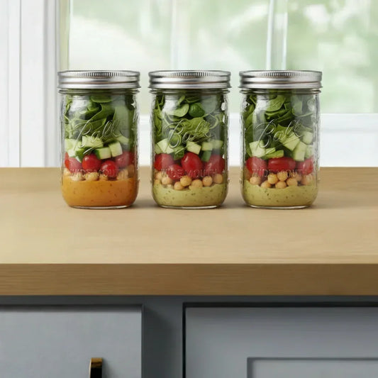 Set of 3 Ball Mason Jars 16 oz Wide Mouth used for salad meal prep on a kitchen counter with fresh tomatoes and greens.