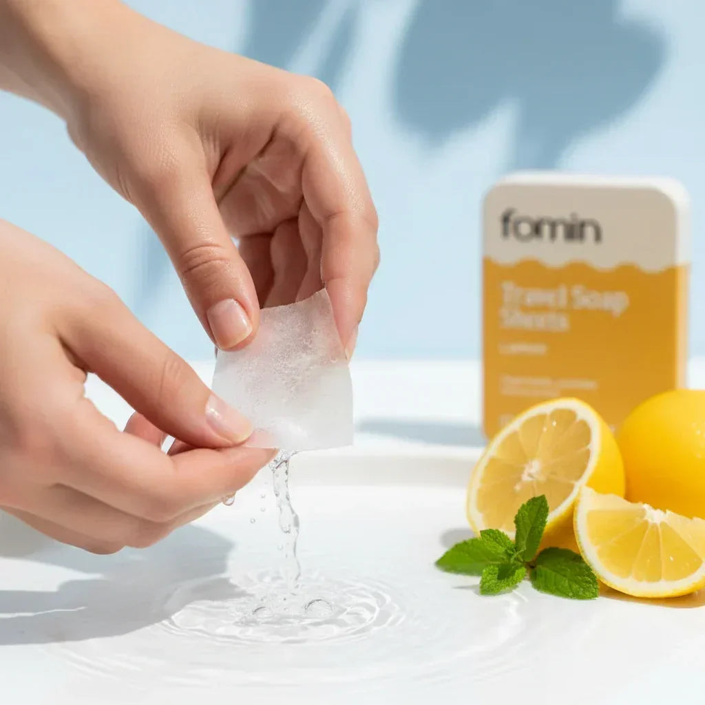 Hands holding dissolving soap sheet over water with lemon soap packaging and fresh lemons
