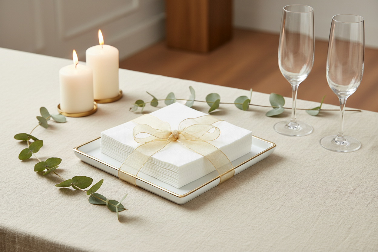 Upscale dining table setting for a holiday party featuring the Vintage Gold & White Hosting Bundle with a stack of white napkins wrapped in a gold ribbon on a gold-rimmed white porcelain tray, gold serving spoons, champagne glasses, burning pillar candles, fresh white roses, eucalyptus branches