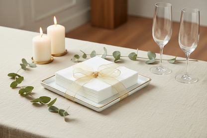 Upscale dining table setting for a holiday party featuring the Vintage Gold & White Hosting Bundle with a stack of white napkins wrapped in a gold ribbon on a gold-rimmed white porcelain tray, gold serving spoons, champagne glasses, burning pillar candles, fresh white roses, eucalyptus branches