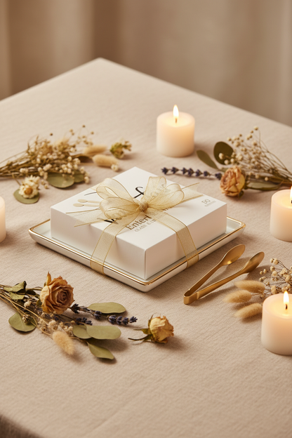 Coordinated table styling for an intimate home gathering featuring the Vintage Gold & White Hosting Bundle with a boxed pack of Vanity Fair napkins tied with a gold bow on a gold-rimmed white porcelain tray, gold serving tongs, burning pillar candles, and delicate dried flowers with eucalyptus leaves on a warm beige linen tablecloth.