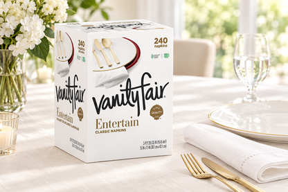 Vanity Fair Entertain Classic Napkins box beside a folded white napkin, gold-rimmed plate, and gold-tone cutlery
