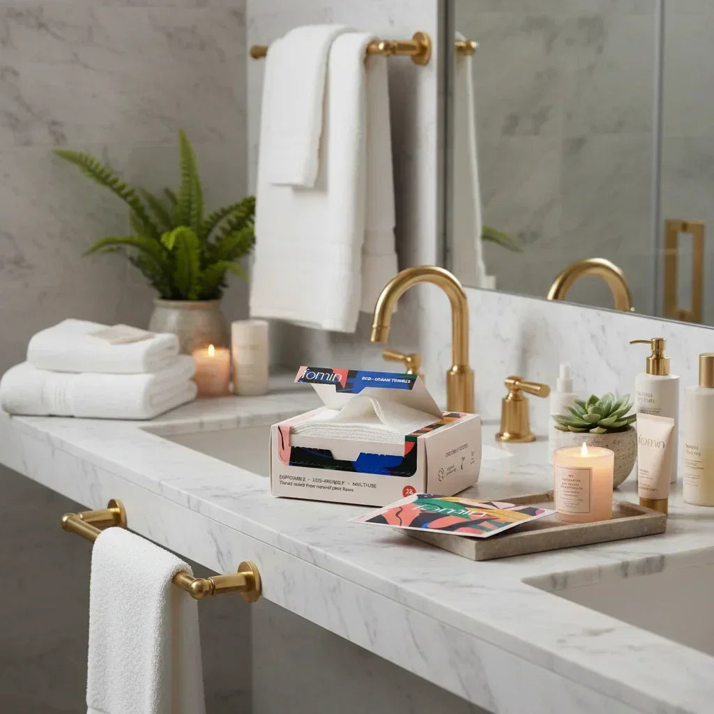 Luxury spa bathroom with eco-clean face towels